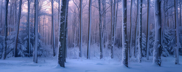 The stillness of a snowy forest at dusk, the trees covered in a soft snow blanket, the calm blue and purple hues of twilight setting a serene backdrop. The details of