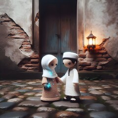 Happy Eid al-Fitr 3d realistic Moslem family couple doll Crochets figure shaking hands in forgiveness. atmosphere in celebration of Muslim holidays with a rural background and old mosque buildings