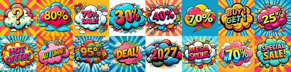 Fototapeta premium Sale stickers pop art style. AI generated illustration