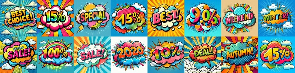 Fototapeta premium Sale stickers pop art style. AI generated illustration