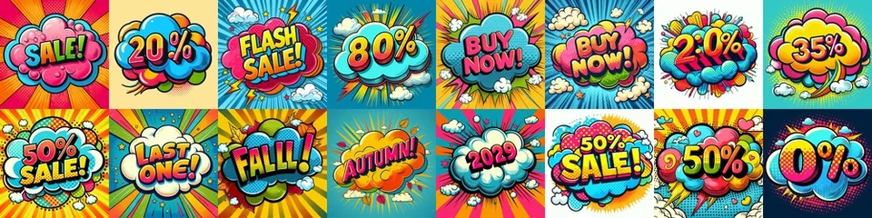 Gordijnen Sale stickers pop art style. AI generated illustration © vector_master