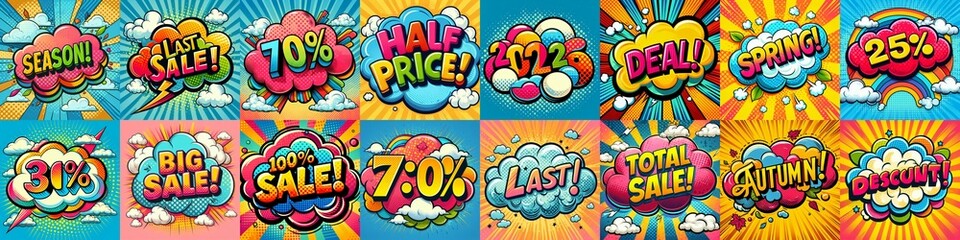 Fototapeta premium Sale stickers pop art style. AI generated illustration