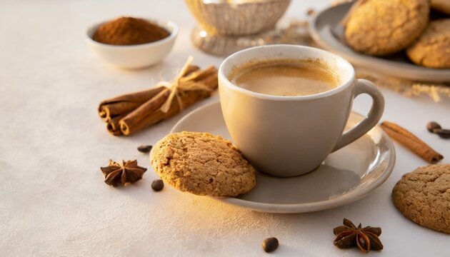 a cup of espresso with oatmeal cookies and cinnamon on a white background