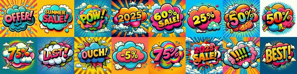Fototapeta premium Sale stickers pop art style. AI generated illustration