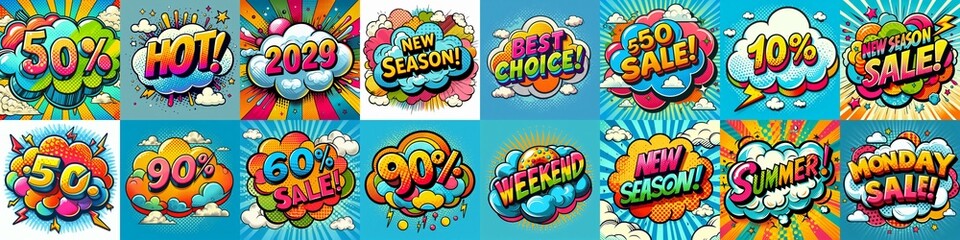 Fototapeta premium Sale stickers pop art style. AI generated illustration