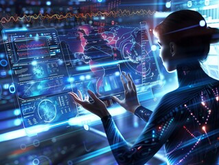 A woman is using a computer to control a virtual world. Concept of control and power, as the woman is able to manipulate the digital environment with her hands