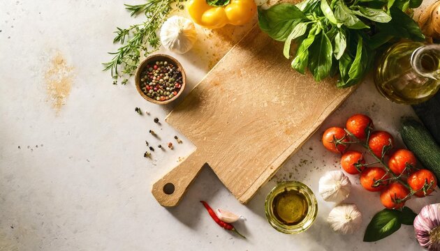 food cooking background on white stone table fresh vegetables herbs and spices with wooden cutting board ingredients for cooking with space for text vertical image