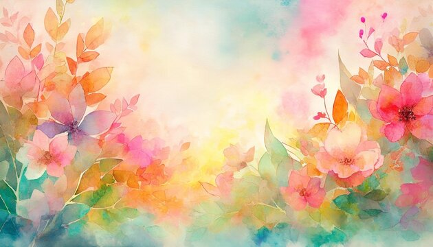 in a vintage inspired fashion illustration a colorful watercolor background frames a spring scene with vibrant flowers and leaves painted in a whimsical silhouette style creating a beautiful border