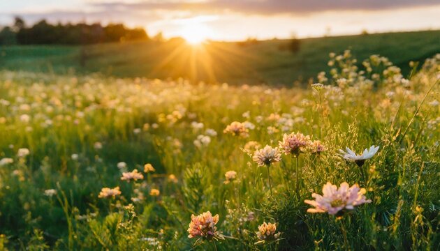 background with blossoming flowers and lush green meadow