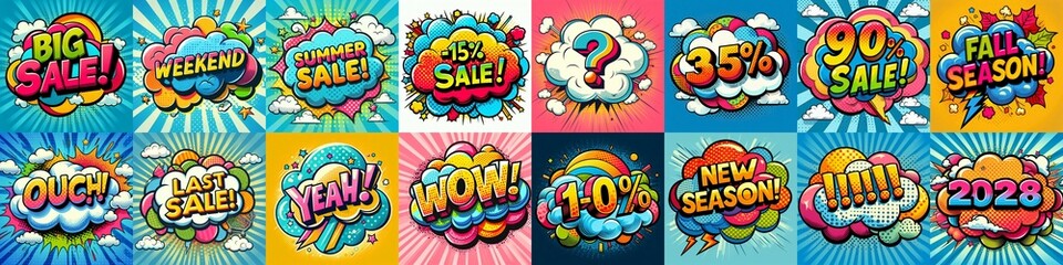 Fototapeta premium Sale stickers pop art style. AI generated illustration