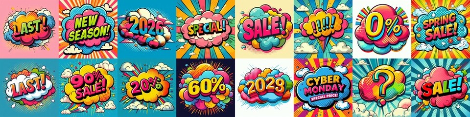Fototapeta premium Sale stickers pop art style. AI generated illustration