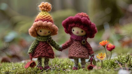 Composition of dolls standing in the forest. Toys made of wool on the technology of felting and knitting. Fairy-tale character. Handmade. Illustration for cover, card, postcard, interior design, etc.