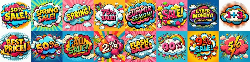 Fototapeta premium Sale stickers pop art style. AI generated illustration