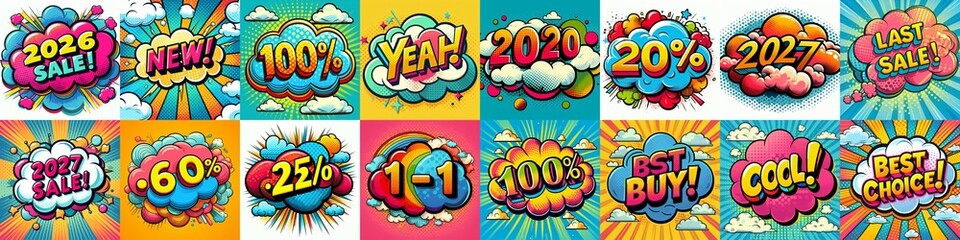 Fototapeta premium Sale stickers pop art style. AI generated illustration