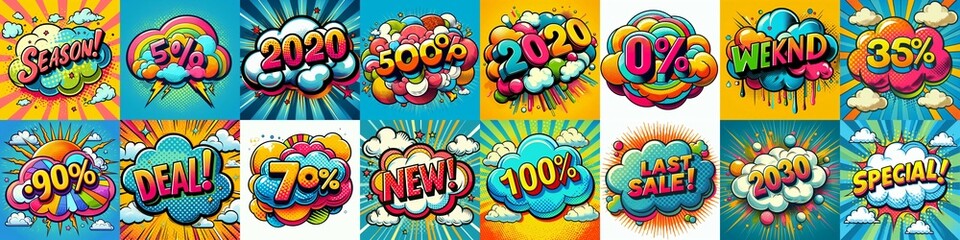 Fototapeta premium Sale stickers pop art style. AI generated illustration