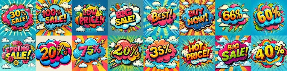 Fototapeta premium Sale stickers pop art style. AI generated illustration