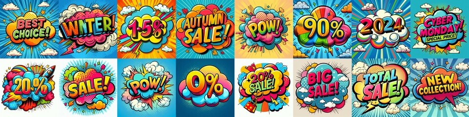 Fototapeta premium Sale stickers pop art style. AI generated illustration