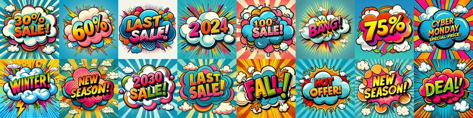 Fototapeta premium Sale stickers pop art style. AI generated illustration