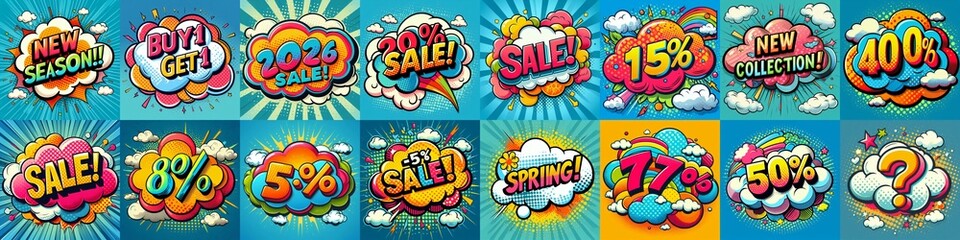 Fototapeta premium Sale stickers pop art style. AI generated illustration
