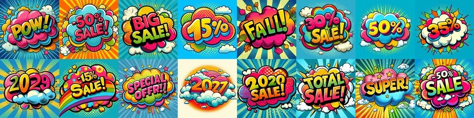Fototapeta premium Sale stickers pop art style. AI generated illustration