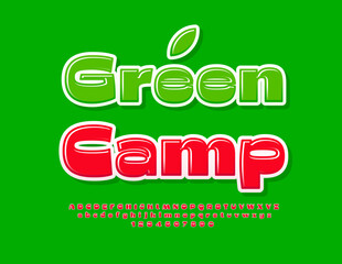 Vector activity emblem Green Camp. Red playful Font. Funny style Alphabet Letters and Numbers set