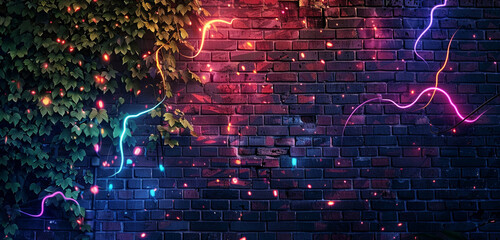 A brick wall partially covered in ivy, with neon lights forming abstract patterns that dance across its surface. [Copy space on blank labels word].