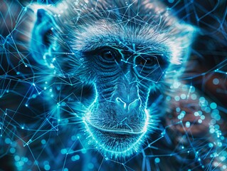 Close-up of a macaque's face in grid style. Polygonal computerized image of a monkey. Facial recognition grid on a live object. Illustration for cover, card, poster, brochure or presentation.