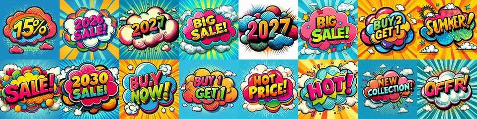 Fototapeta premium Sale stickers pop art style. AI generated illustration