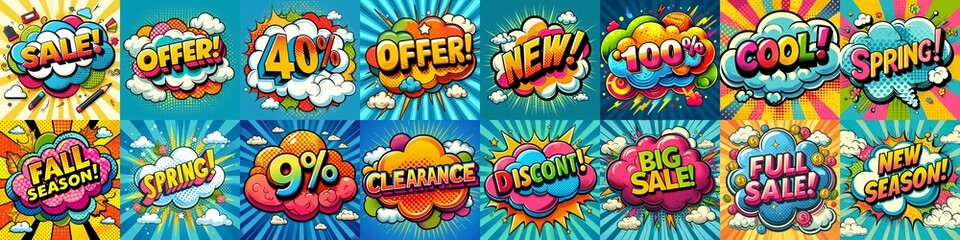 Fototapeta premium Sale stickers pop art style. AI generated illustration
