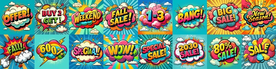 Fototapeta premium Sale stickers pop art style. AI generated illustration