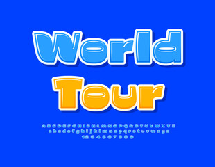 Vector travel banner World Tour. Exclusive Blue Font. Modern Alphabet Letters and Numbers.