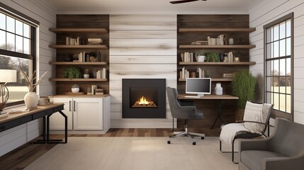 Modern farmhouse-inspired study with shiplap accent wall industrial pipe desk barn door accents and wood burning stove.