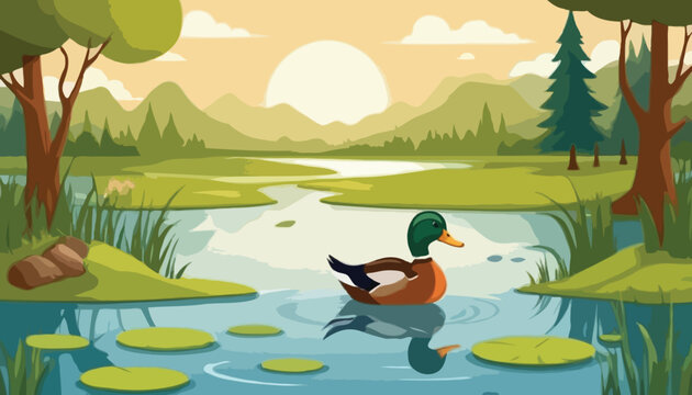 Vector cartoon duck with happy frog illustration