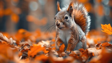 Naklejka na ściany i meble squirrel close-up in the autumn forest