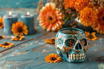 blue sugar skull adorned with intricate designs alongside lit candles and orange flowers for Día de los Muertos