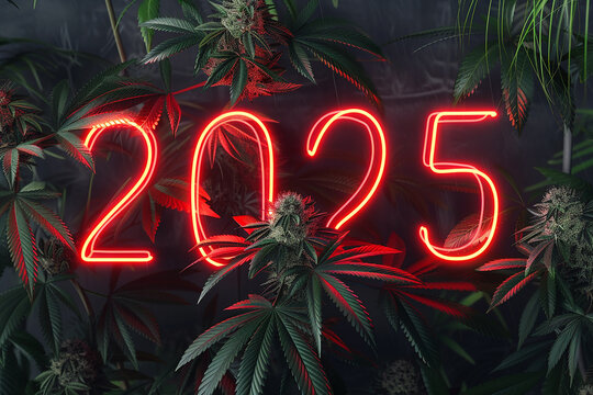A neon sign with the number 2025 written in red letters on a background of green plants. The sign is surrounded by a lush green plant, giving it a vibrant and lively atmosphere