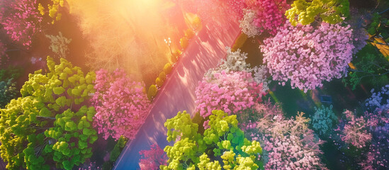 top view pink cherry blossom in the street city spring background