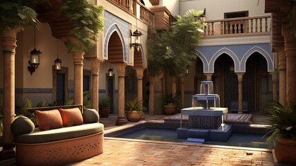 Moroccan inspired courtyard with intricate tilework sculpted fountains and daybed lounges.