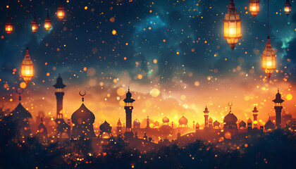 A festive background celebrating Ramadan featuring traditional elements and a warm atmosphere. - obrazy, fototapety, plakaty