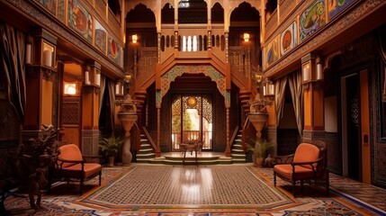 Moroccan riad with mosaic tile work and intricate wood carvings.
