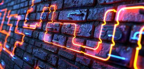 A close-up of a brick wall with neon lights forming intricate patterns that seem to pulse with energy. [Copy space on blank labels word].