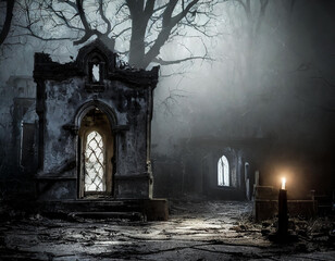Stary mroczny straszny cmentarz nocą - obrazy, fototapety, plakaty