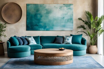 Fototapeta na wymiar green curved sofa with blue cushions and round rustic wood coffee table against stucco wall with poster. interior design of modern living room