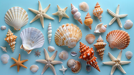 Collection of Different Sea Shells and Starfish on a Light Blue Background