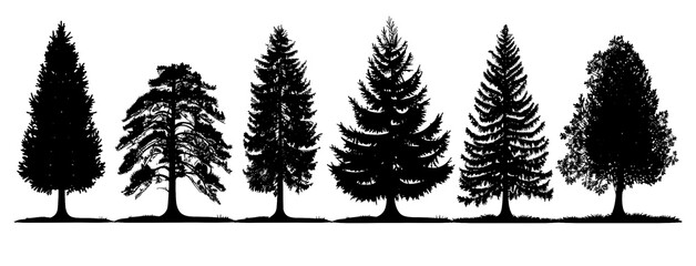 Realistic trees in black and white color, nature park silhouette icons. Different trees and shrubs of coniferous and deciduous forest with grass meadows. png on transparent background