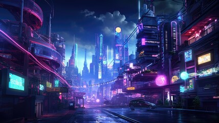 The picture of the neon night time futuristic cyberpunk scifi metropolis yet bright with neon light...