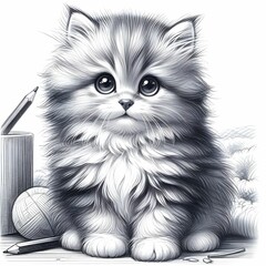 A finely detailed pencil sketch showcases a fluffy kitten with soulful eyes, exuding innocence and a touch of whimsy.