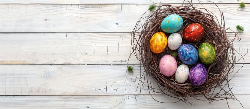 Easter-themed backdrop featuring a nest filled with vibrant eggs on a white wooden surface, viewed from above with empty space for text.