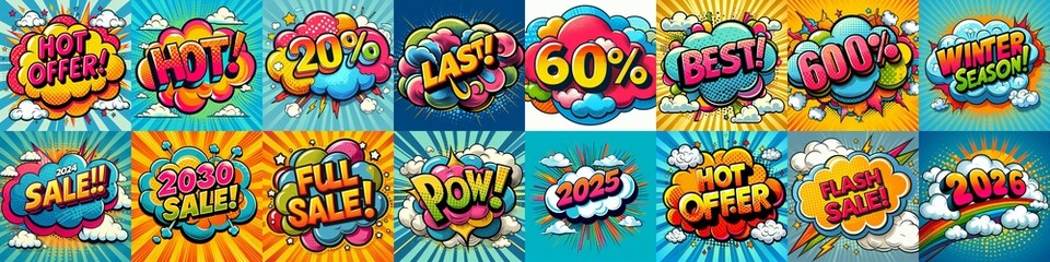 Sale stickers pop art style. AI generated illustration