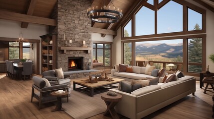 Mountain craftsman great room with vaulted ceilings timber beams cozy window seat and oversized stone fireplace.